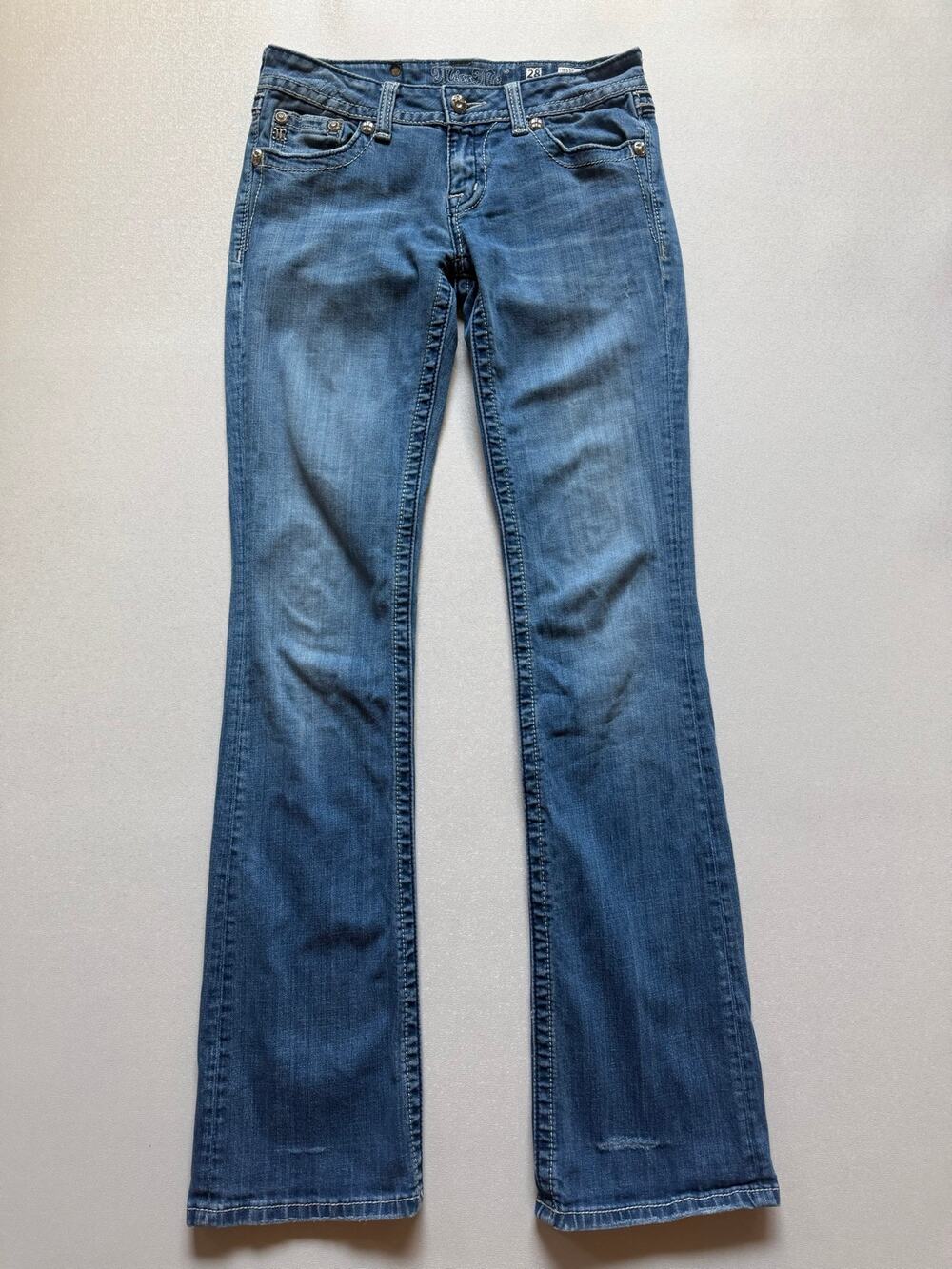 Miss Me Women's Medium Wash Bootcut Jeans Low Rise Embellished Rhinestone Sz 28